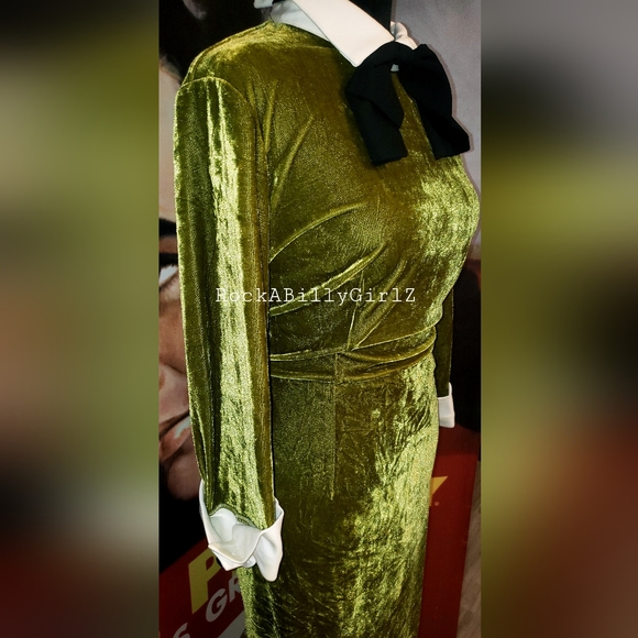 Tatyana Maud Autumn Moss Green Velvet Cuff Sleeve Pinup Pencil Dress w Black Tie - Picture 10 of 16